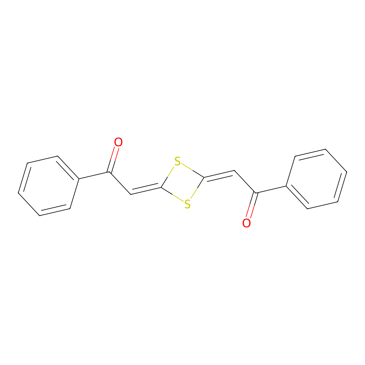 (2Z,2'Z)-2,2'-(1,3-dithietane-2,4-diylidene)bis(1-phenylethanone) molecular structure, CAS 43155-37-9