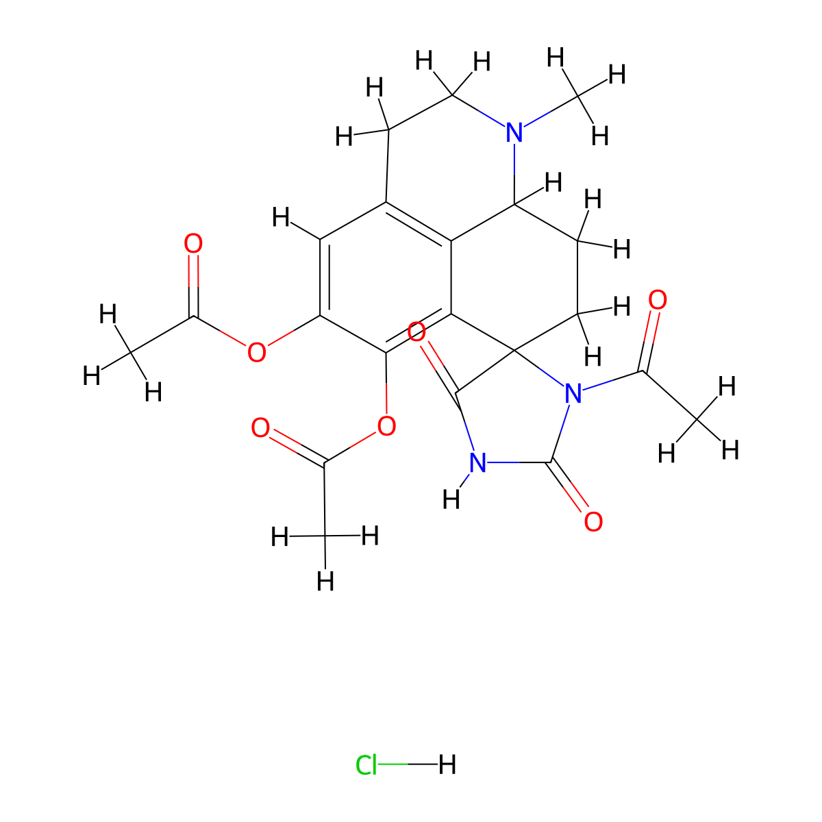 Spiro(7H-benzo(de)quinoline-7,4'-imidazolidine)-2',5'-dione, 1,2,3,8,9,9a-hexahydro-3'-acetyl-5,6-dihydroxy-1-methyl-, diacetate, monohydrochloride, trans- molecular structure, CAS 43166-19-4