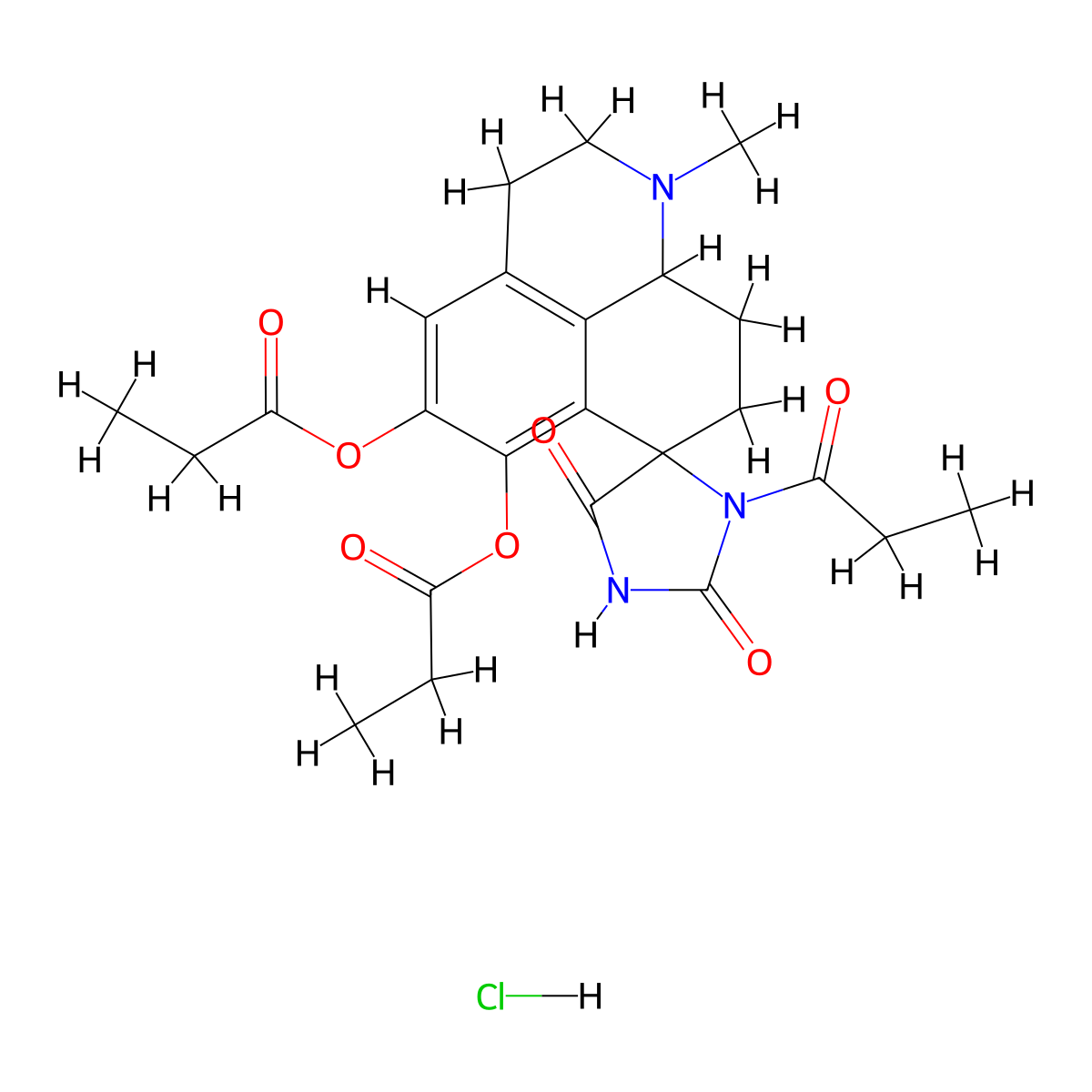 Spiro(7H-benzo(de)quinoline-7,4'-imidazolidine)-2',5'-dione, 1,2,3,8,9,9a-hexahydro-5,6-dihydroxy-1-methyl-3'-propionyl-, dipropionate, monohydrochloride, trans- molecular structure, CAS 43166-20-7