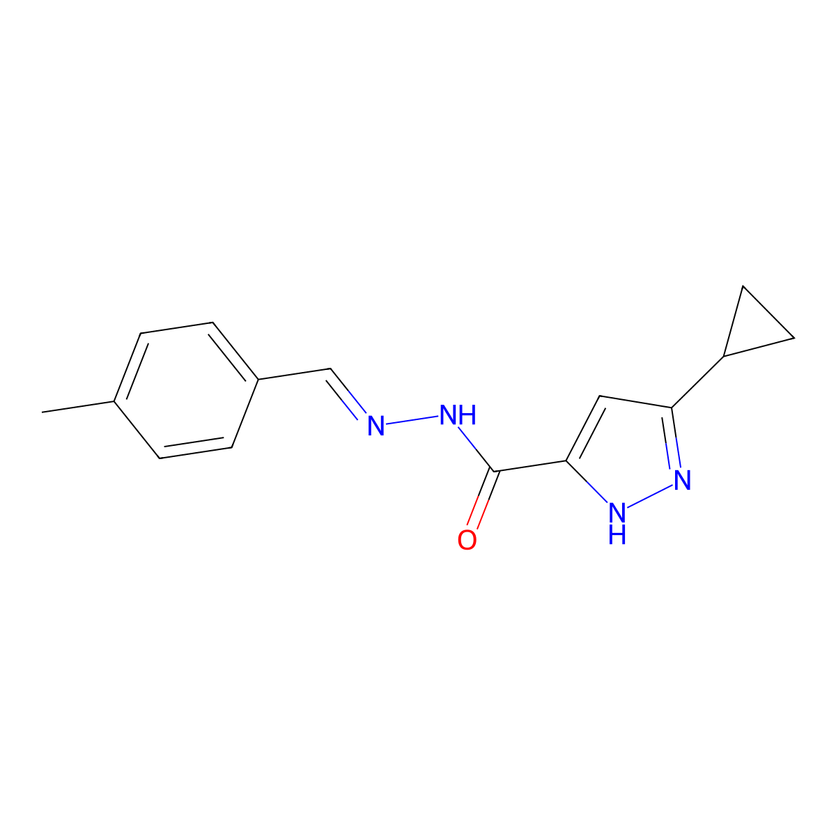 5-cyclopropyl-N-[(4-methylphenyl)methylideneamino]-1H-pyrazole-3-carboxamide molecular structure, CAS 4317-55-9