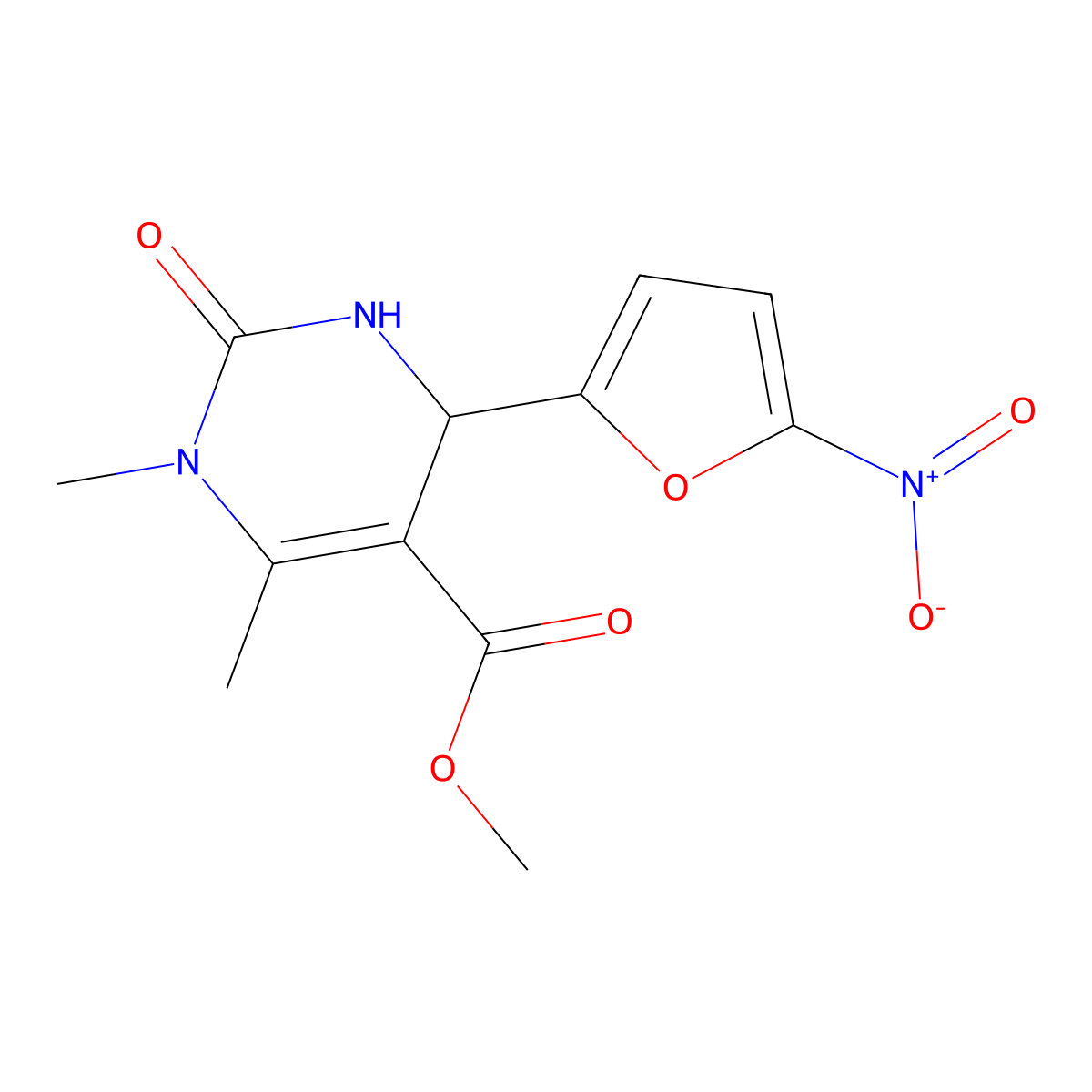 Methyl 1,6-dimethyl-4-(5-nitrofuran-2-yl)-2-oxo-1,2,3,4-tetrahydropyrimidine-5-carboxylate molecular structure, CAS 4318-50-7