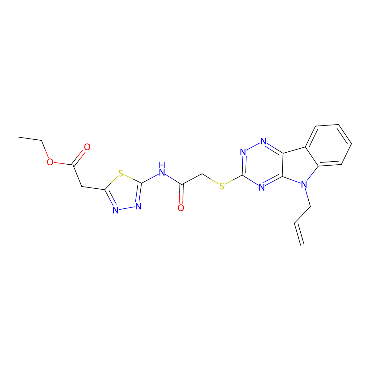 ethyl {5-[({[5-(prop-2-en-1-yl)-5H-[1,2,4]triazino[5,6-b]indol-3-yl]sulfanyl}acetyl)amino]-1,3,4-thiadiazol-2-yl}acetate molecular structure, CAS 431882-65-4