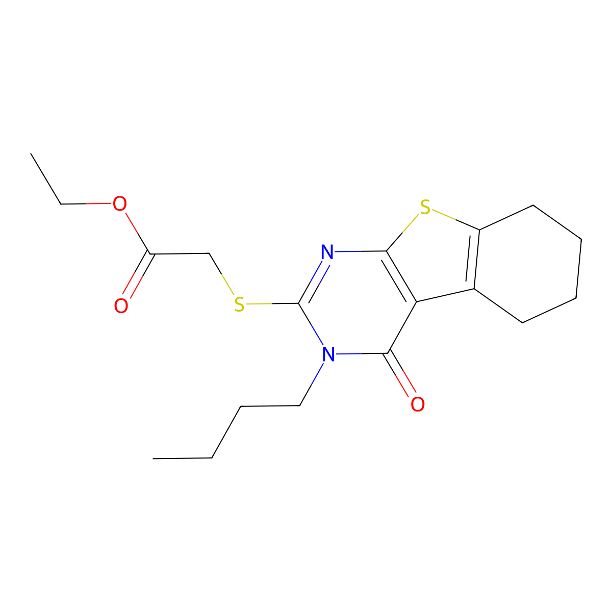 Ethyl [(3-butyl-4-oxo-3,4,5,6,7,8-hexahydro[1]benzothieno[2,3-d]pyrimidin-2-yl)sulfanyl]acetate molecular structure, CAS 431884-28-5