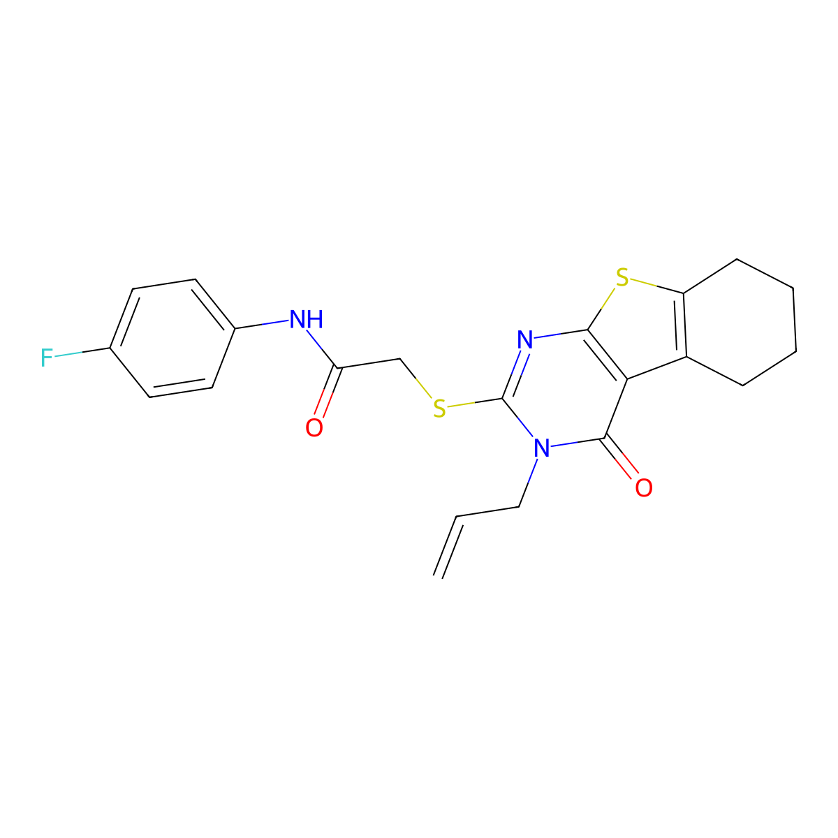 N-(4-fluorophenyl)-2-{[4-oxo-3-(prop-2-en-1-yl)-3,4,5,6,7,8-hexahydro[1]benzothieno[2,3-d]pyrimidin-2-yl]sulfanyl}acetamide molecular structure, CAS 431884-30-9