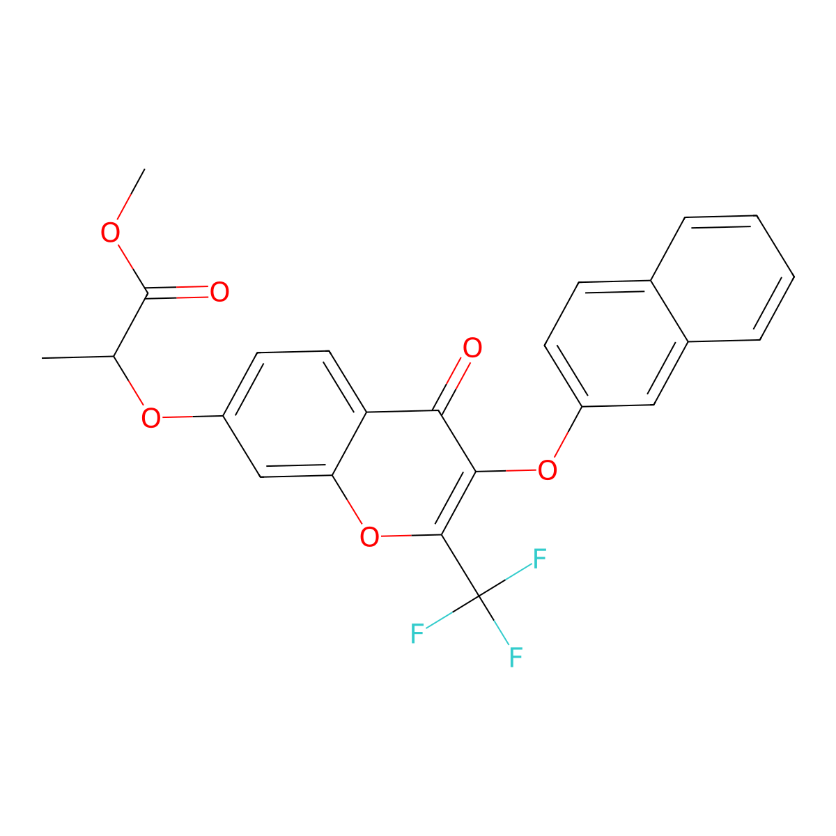 methyl 2-((3-(naphthalen-2-yloxy)-4-oxo-2-(trifluoromethyl)-4H-chromen-7-yl)oxy)propanoate molecular structure, CAS 431885-06-2