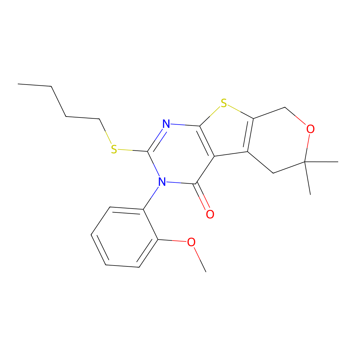 2-(butylsulfanyl)-3-(2-methoxyphenyl)-6,6-dimethyl-3,5,6,8-tetrahydro-4H-pyrano[4',3':4,5]thieno[2,3-d]pyrimidin-4-one molecular structure, CAS 431890-50-5