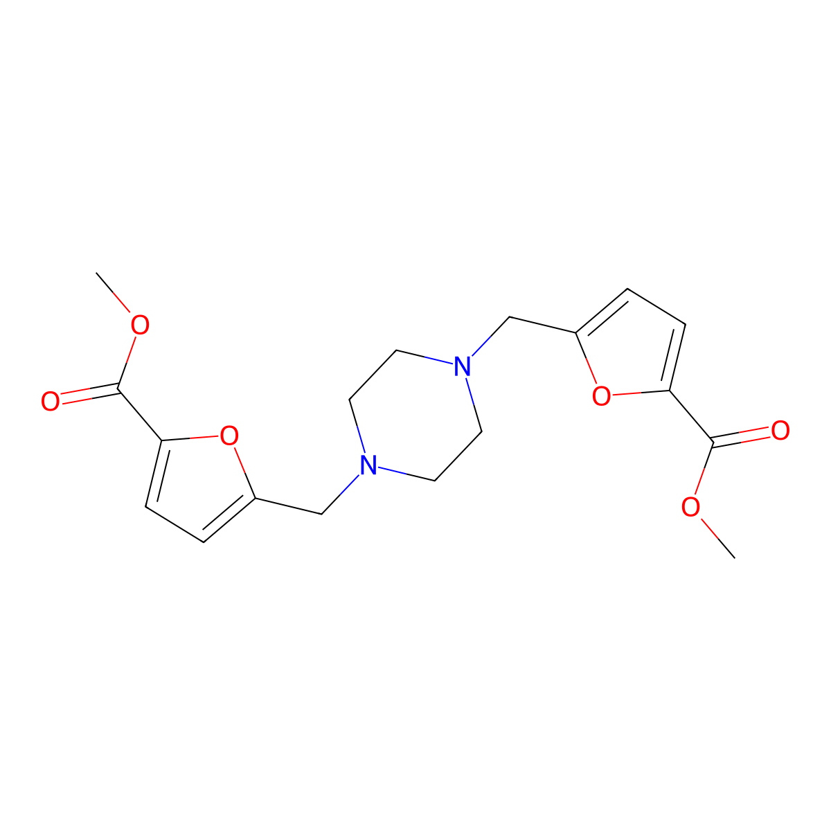 Methyl 5-[[4-[(5-methoxycarbonylfuran-2-yl)methyl]piperazin-1-yl]methyl]furan-2-carboxylate molecular structure, CAS 431892-40-9