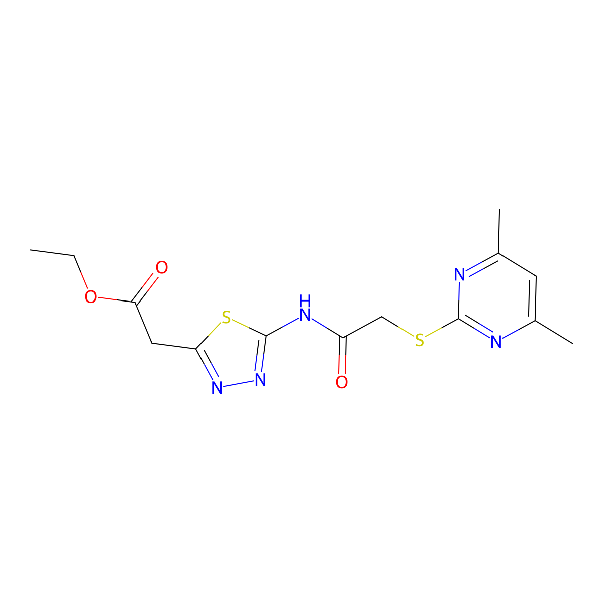 Ethyl [5-({[(4,6-dimethylpyrimidin-2-yl)sulfanyl]acetyl}amino)-1,3,4-thiadiazol-2-yl]acetate molecular structure, CAS 431893-20-8