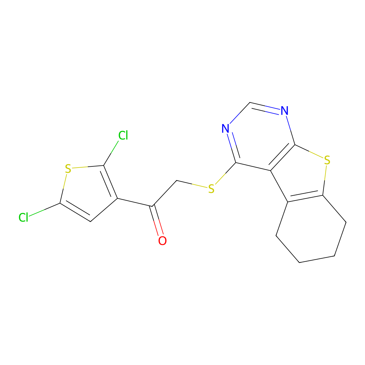 1-(2,5-Dichlorothiophen-3-yl)-2-(5,6,7,8-tetrahydro-[1]benzothiolo[2,3-d]pyrimidin-4-ylsulfanyl)ethanone molecular structure, CAS 431895-26-0