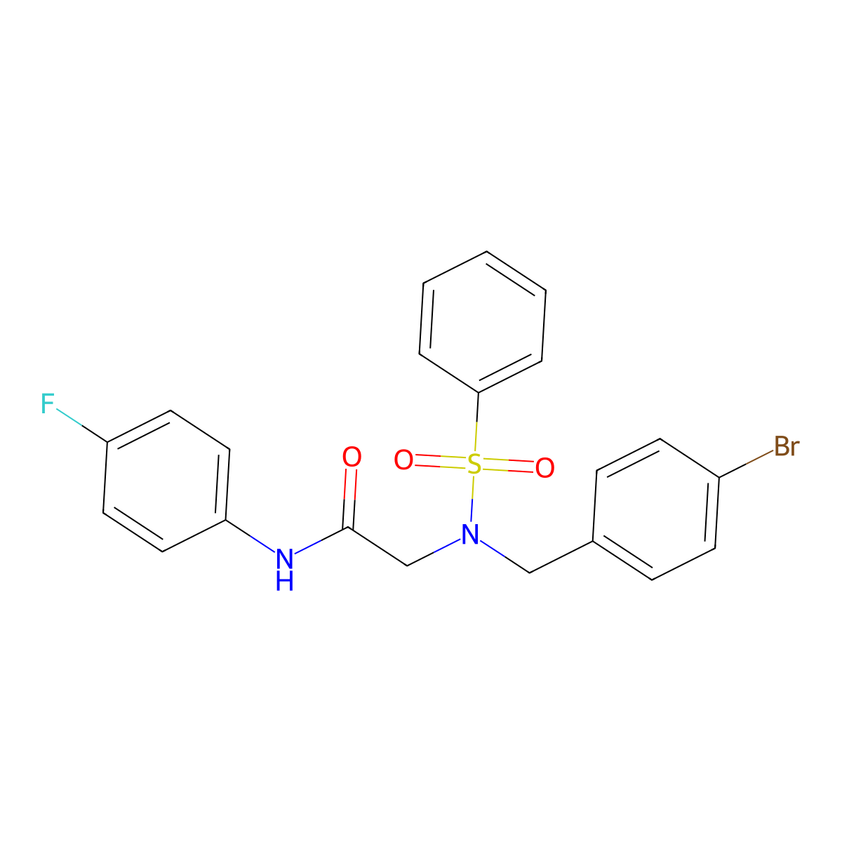 2-[benzenesulfonyl-[(4-bromophenyl)methyl]amino]-N-(4-fluorophenyl)acetamide molecular structure, CAS 431908-20-2