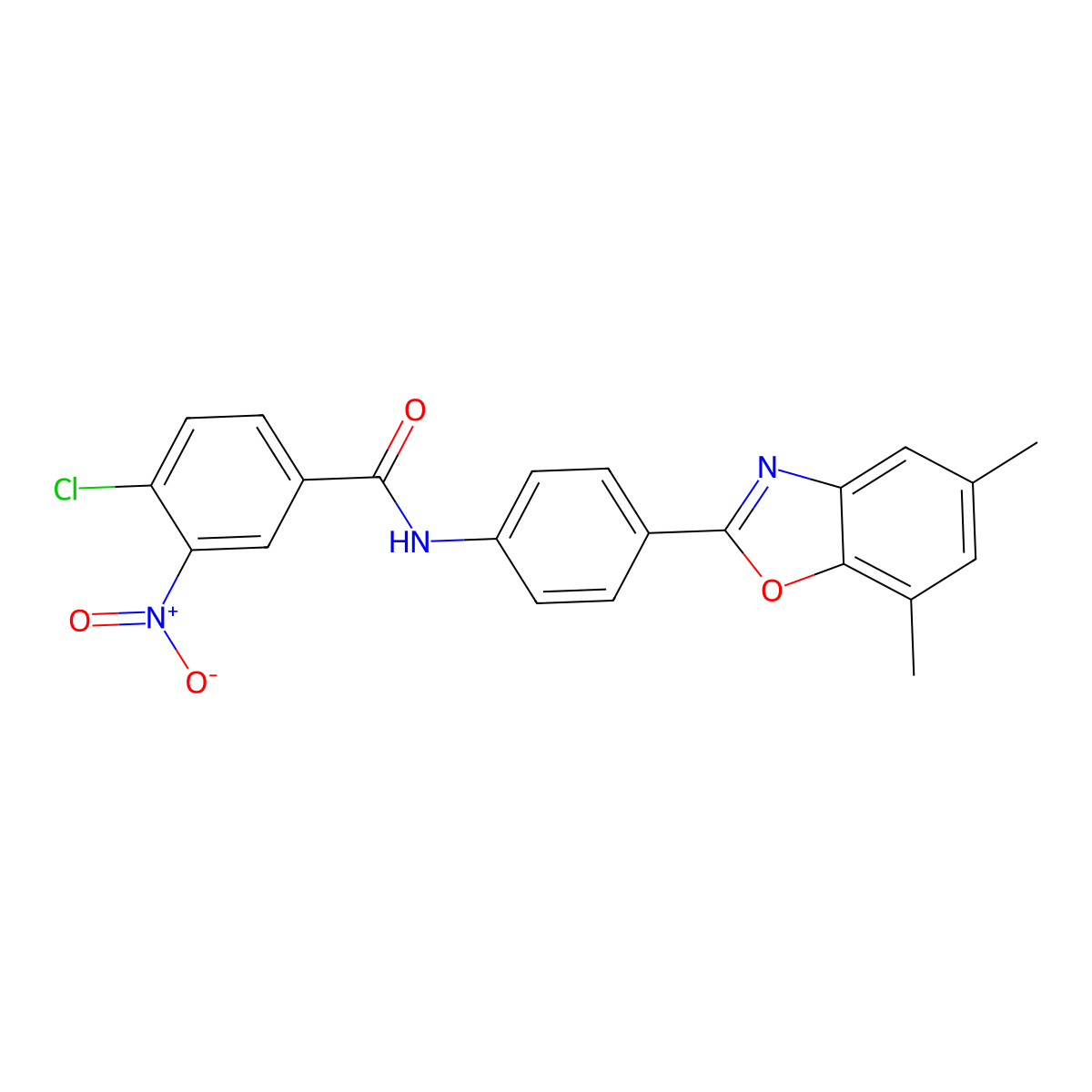 4-chloro-N-[4-(5,7-dimethyl-1,3-benzoxazol-2-yl)phenyl]-3-nitrobenzamide molecular structure, CAS 431908-25-7