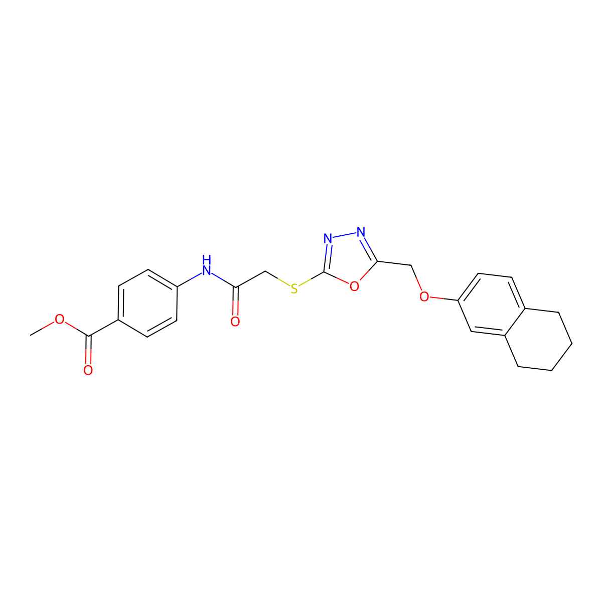 Methyl 4-{[({5-[(5,6,7,8-tetrahydronaphthalen-2-yloxy)methyl]-1,3,4-oxadiazol-2-yl}sulfanyl)acetyl]amino}benzoate molecular structure, CAS 431909-40-9