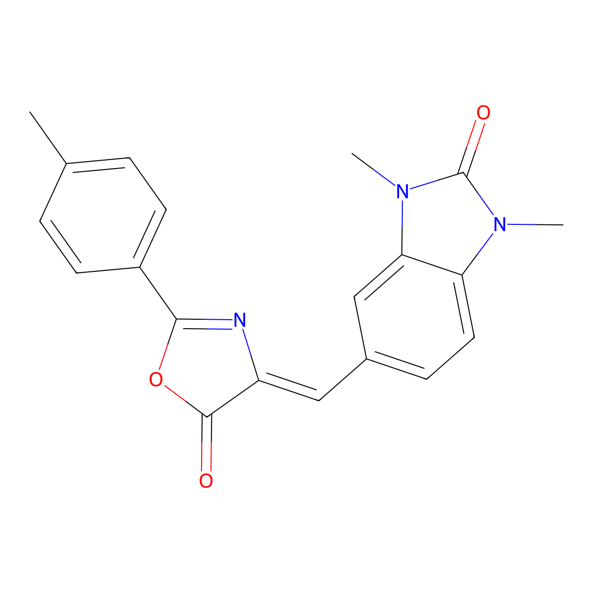 1,3-Dihydro-1,3-dimethyl-5-[[2-(4-methylphenyl)-5-oxo-4(5H)-oxazolylidene]methyl]-2H-benzimidazol-2-one molecular structure, CAS 431909-88-5
