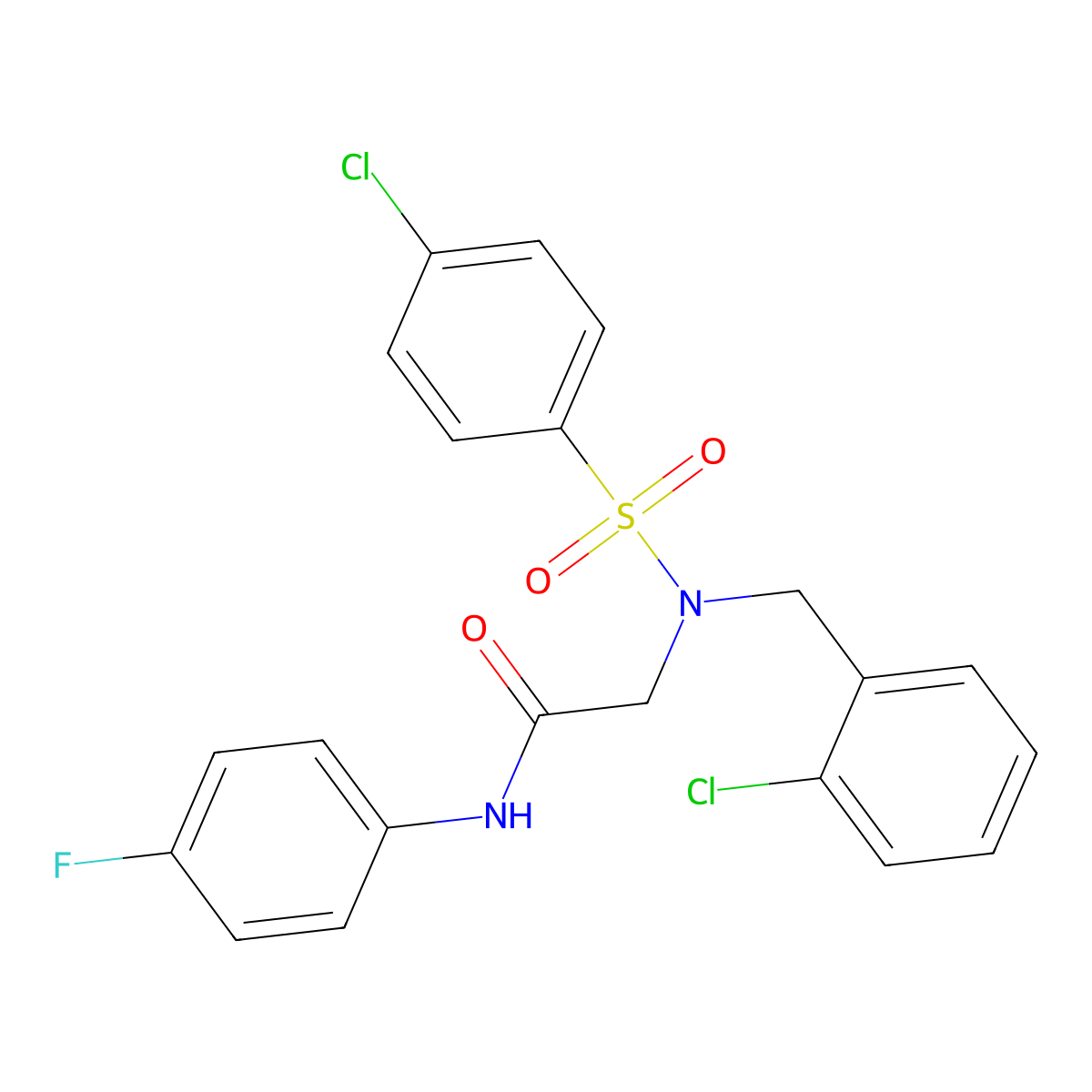 2-[(2-chlorophenyl)methyl-(4-chlorophenyl)sulfonylamino]-N-(4-fluorophenyl)acetamide molecular structure, CAS 431910-25-7