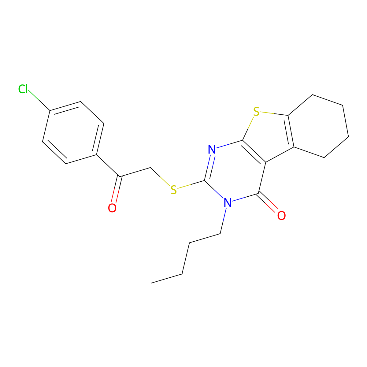 3-butyl-2-{[2-(4-chlorophenyl)-2-oxoethyl]sulfanyl}-5,6,7,8-tetrahydro[1]benzothieno[2,3-d]pyrimidin-4(3H)-one molecular structure, CAS 431916-12-0