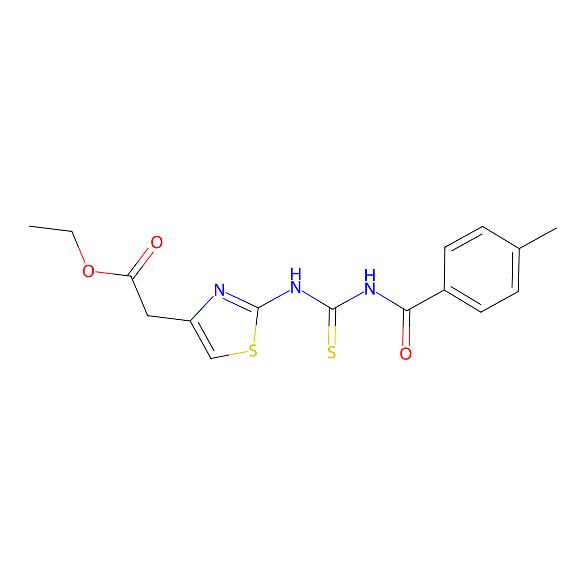 Ethyl 2-(2-(3-(4-methylbenzoyl)thioureido)thiazol-4-yl)acetate molecular structure, CAS 431916-22-2