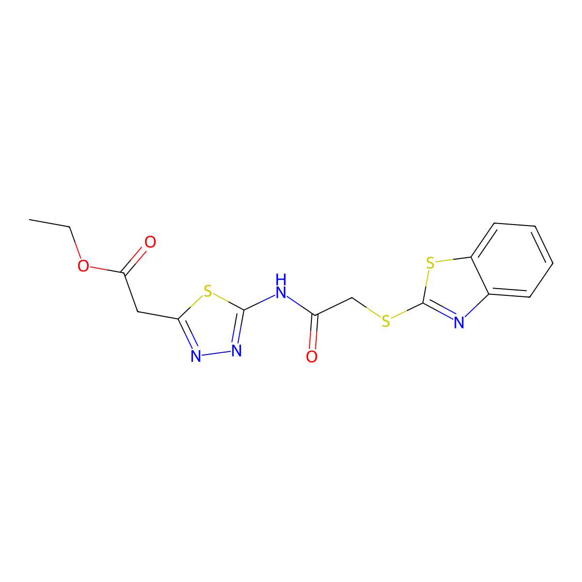 Ethyl (5-{[(1,3-benzothiazol-2-ylsulfanyl)acetyl]amino}-1,3,4-thiadiazol-2-yl)acetate molecular structure, CAS 431916-38-0