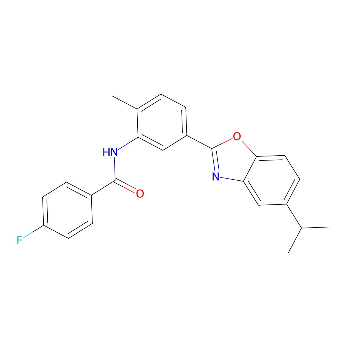 4-fluoro-N-{2-methyl-5-[5-(propan-2-yl)-1,3-benzoxazol-2-yl]phenyl}benzamide molecular structure, CAS 431917-38-3