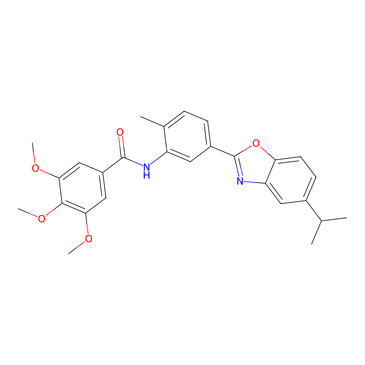 3,4,5-trimethoxy-N-[2-methyl-5-(5-propan-2-yl-1,3-benzoxazol-2-yl)phenyl]benzamide molecular structure, CAS 431917-49-6