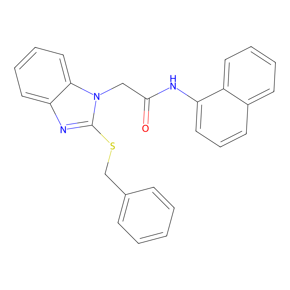 2-(2-benzylsulfanylbenzimidazol-1-yl)-N-naphthalen-1-ylacetamide molecular structure, CAS 431917-89-4