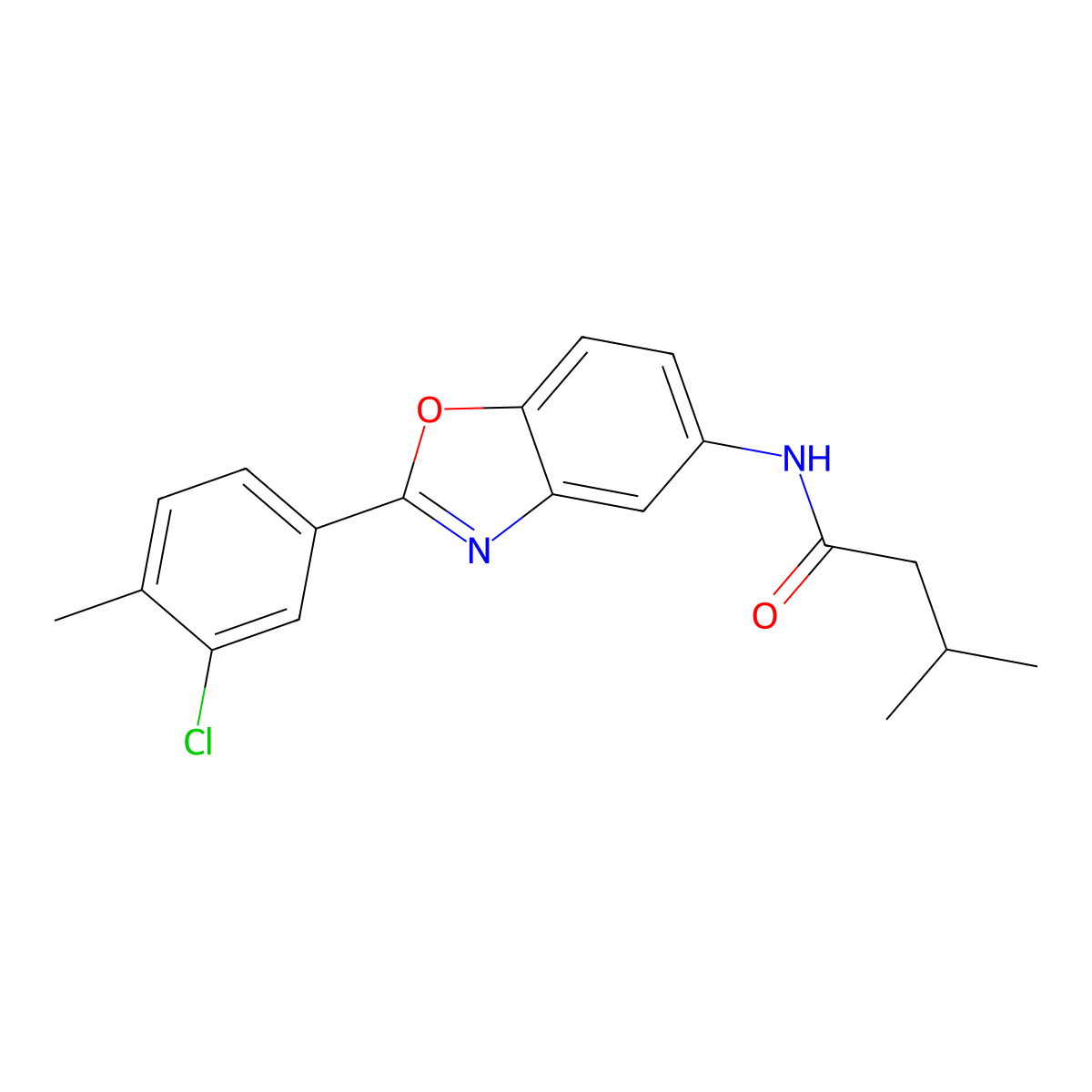 N-[2-(3-chloro-4-methylphenyl)-1,3-benzoxazol-5-yl]-3-methylbutanamide molecular structure, CAS 431918-64-8