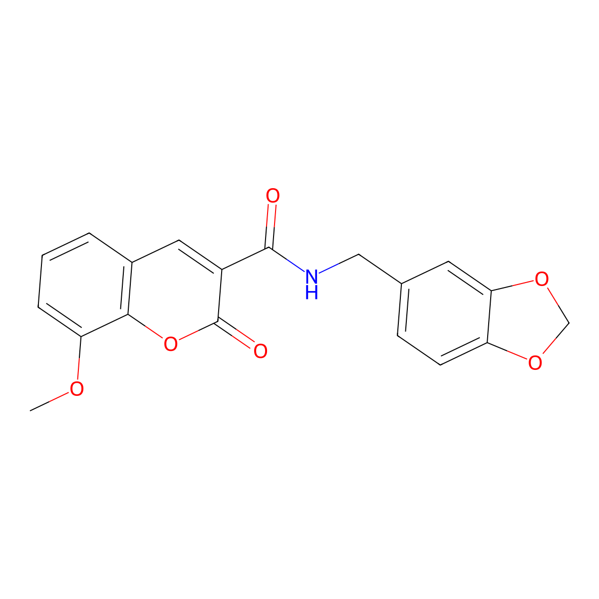 N-(1,3-benzodioxol-5-ylmethyl)-8-methoxy-2-oxochromene-3-carboxamide molecular structure, CAS 431919-40-3