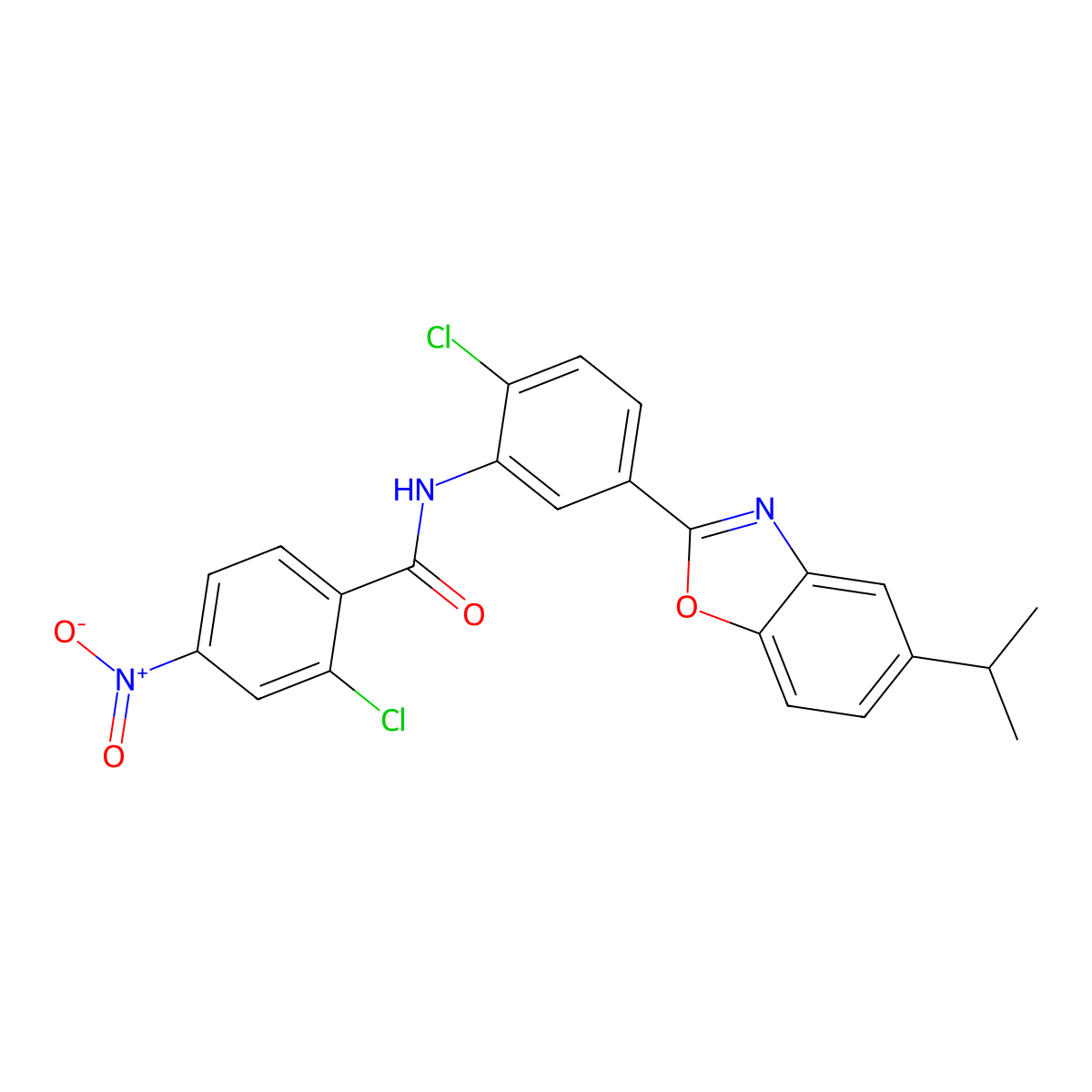 2-chloro-N-{2-chloro-5-[5-(propan-2-yl)-1,3-benzoxazol-2-yl]phenyl}-4-nitrobenzamide molecular structure, CAS 431921-49-2