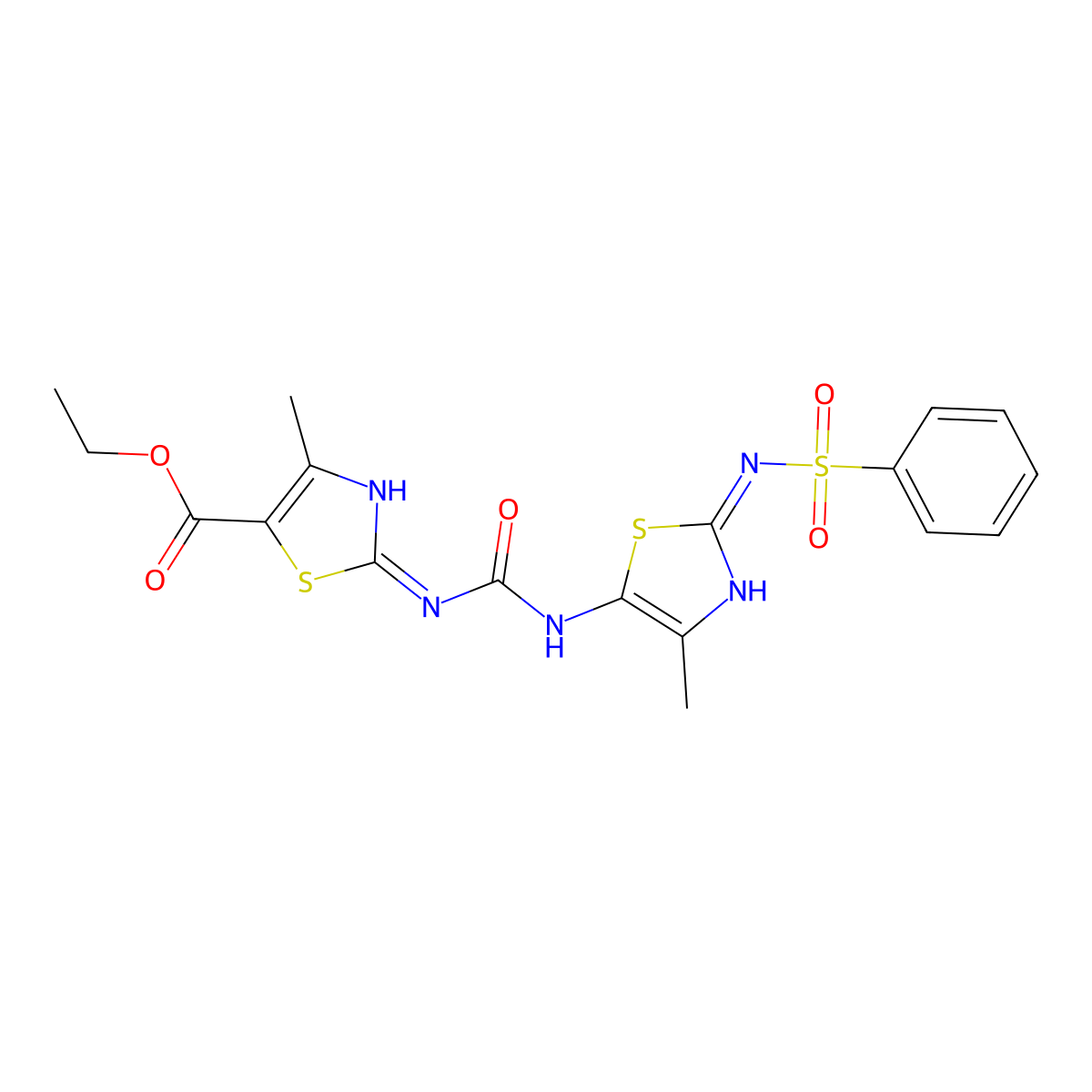 Ethyl 2-[[2-(benzenesulfonamido)-4-methyl-1,3-thiazol-5-yl]carbamoylamino]-4-methyl-1,3-thiazole-5-carboxylate molecular structure, CAS 431921-99-2