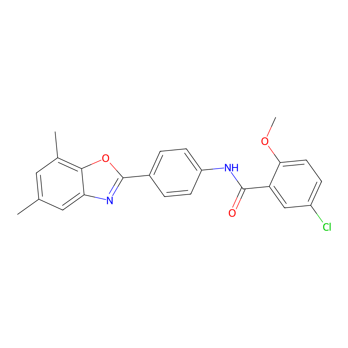5-chloro-N-[4-(5,7-dimethyl-1,3-benzoxazol-2-yl)phenyl]-2-methoxybenzamide molecular structure, CAS 431922-09-7