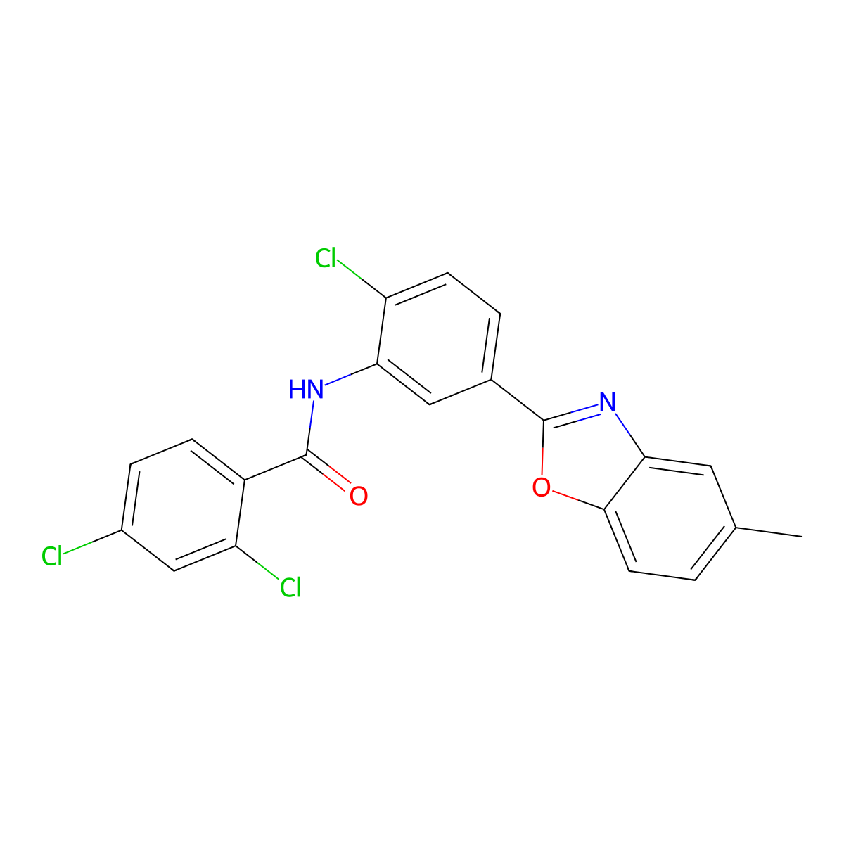 2,4-dichloro-N-[2-chloro-5-(5-methyl-1,3-benzoxazol-2-yl)phenyl]benzamide molecular structure, CAS 431922-43-9