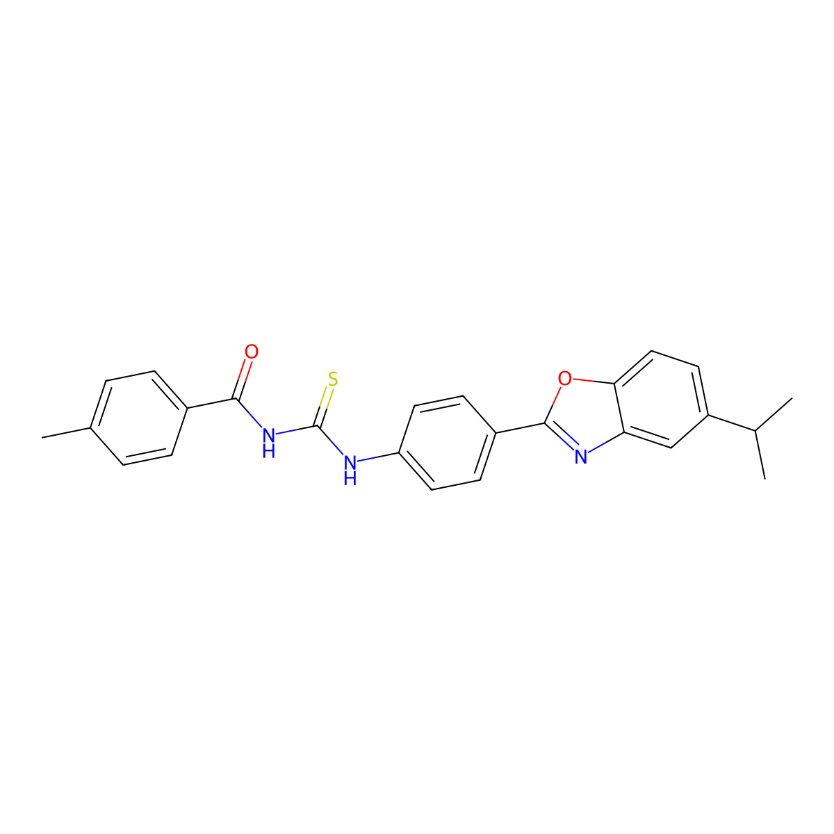 4-methyl-N-[[4-(5-propan-2-yl-1,3-benzoxazol-2-yl)phenyl]carbamothioyl]benzamide molecular structure, CAS 431922-79-1