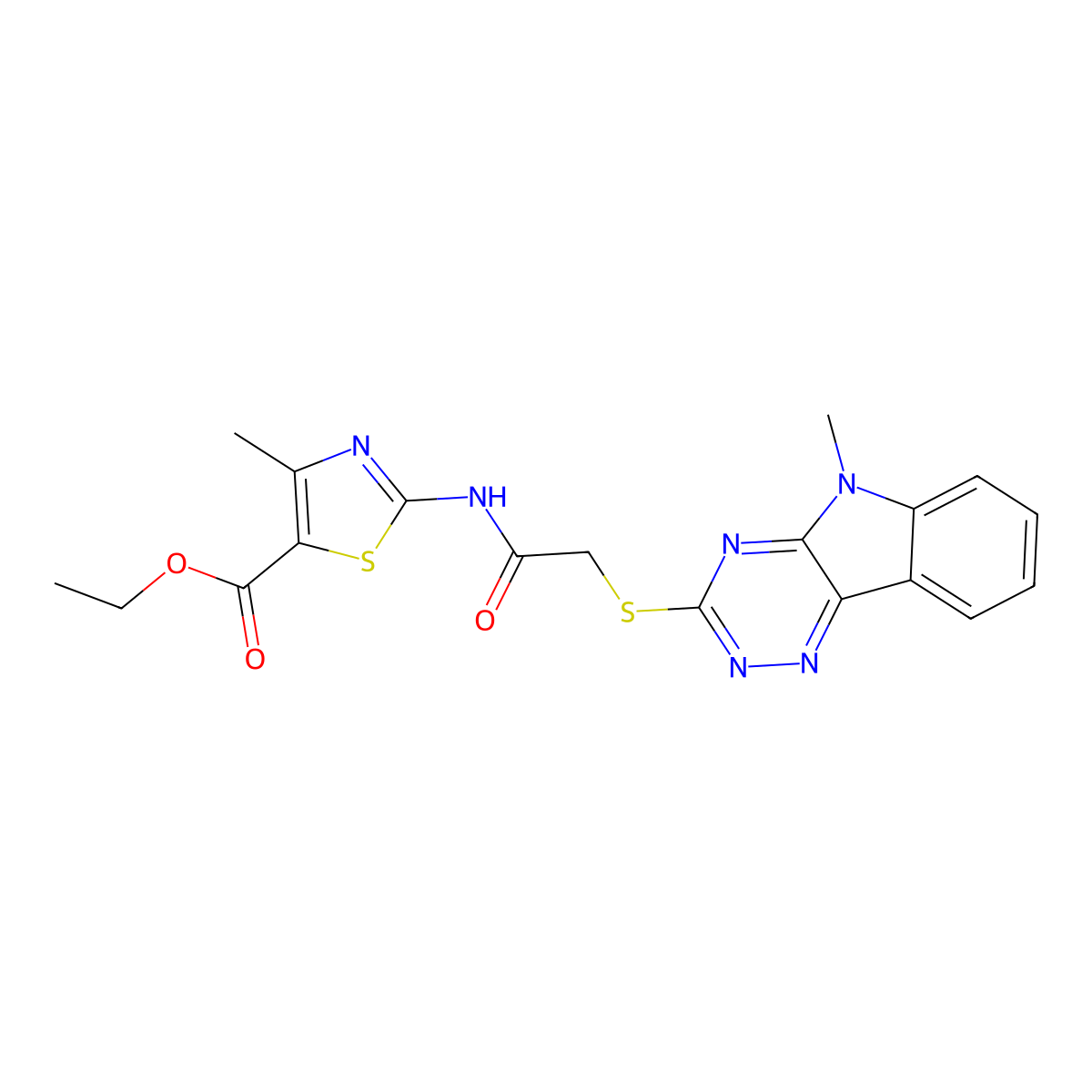 ethyl 4-methyl-2-({[(5-methyl-5H-[1,2,4]triazino[5,6-b]indol-3-yl)sulfanyl]acetyl}amino)-1,3-thiazole-5-carboxylate molecular structure, CAS 431922-82-6