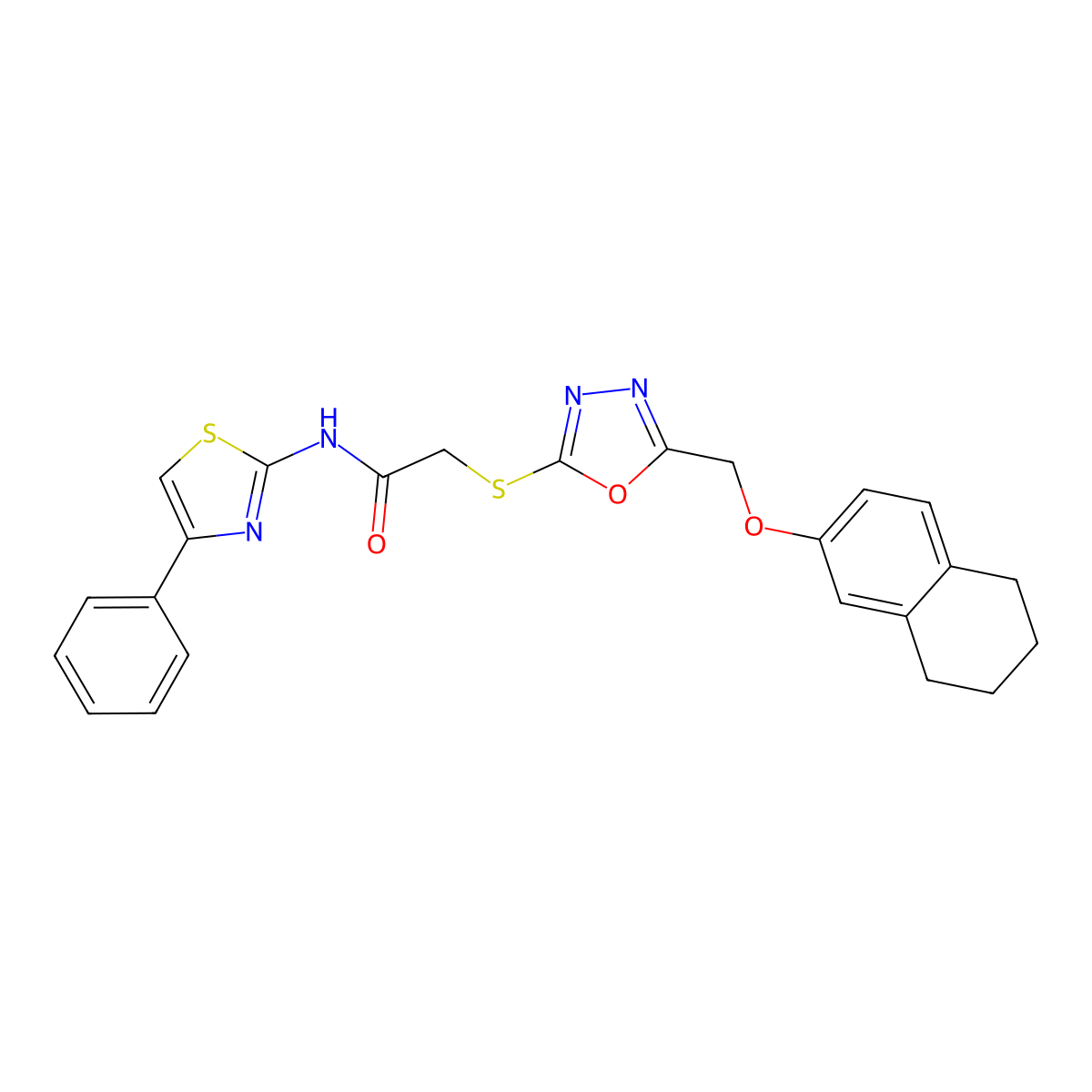 N-(4-phenyl-1,3-thiazol-2-yl)-2-[[5-(5,6,7,8-tetrahydronaphthalen-2-yloxymethyl)-1,3,4-oxadiazol-2-yl]sulfanyl]acetamide molecular structure, CAS 431924-57-1