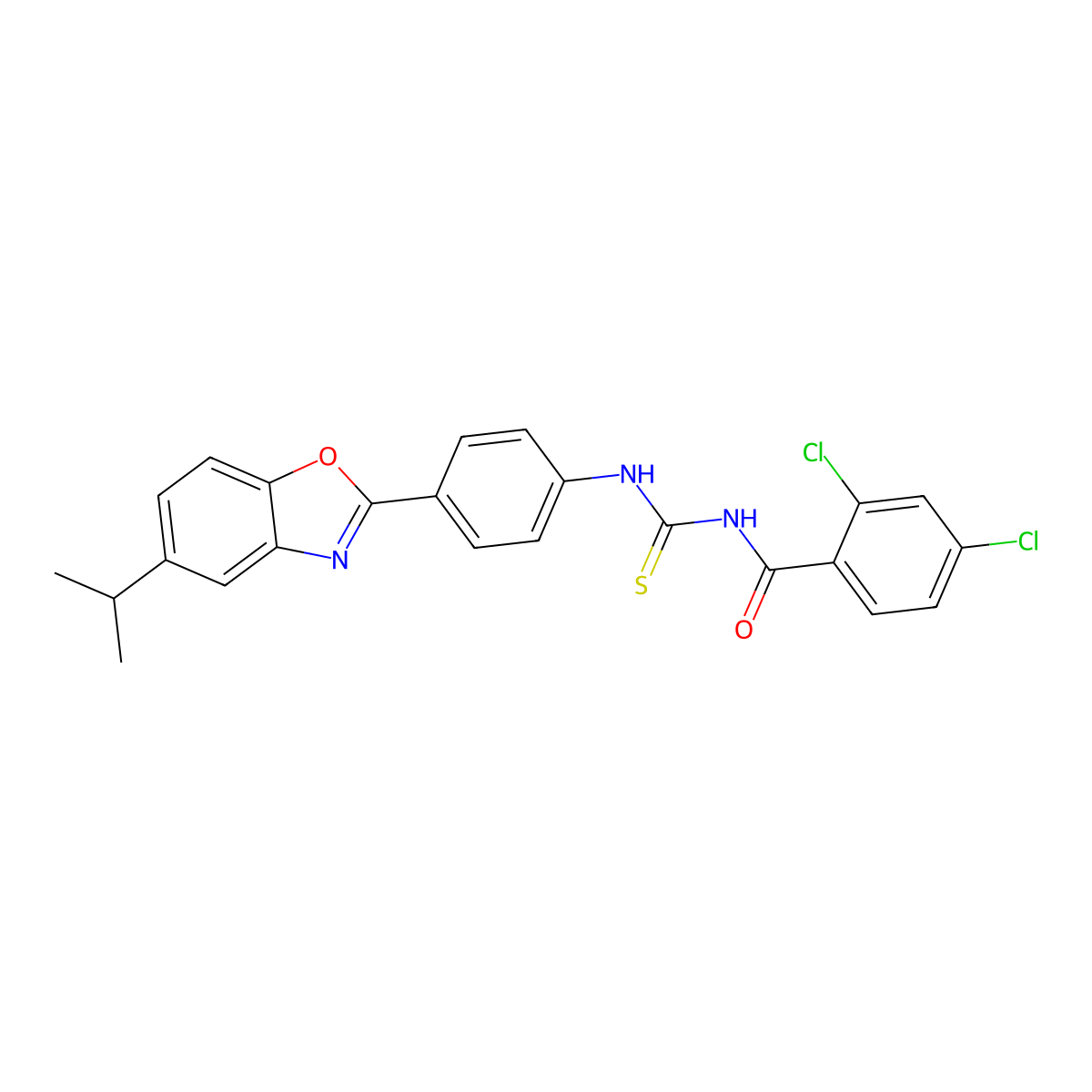 2,4-dichloro-N-[[4-(5-propan-2-yl-1,3-benzoxazol-2-yl)phenyl]carbamothioyl]benzamide molecular structure, CAS 431924-71-9