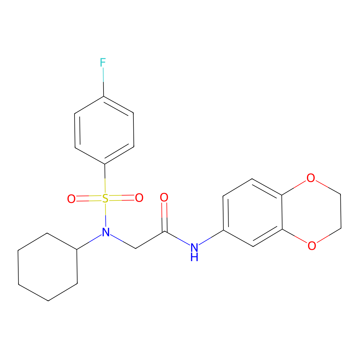 N~2~-cyclohexyl-N-(2,3-dihydro-1,4-benzodioxin-6-yl)-N~2~-[(4-fluorophenyl)sulfonyl]glycinamide molecular structure, CAS 431926-42-0