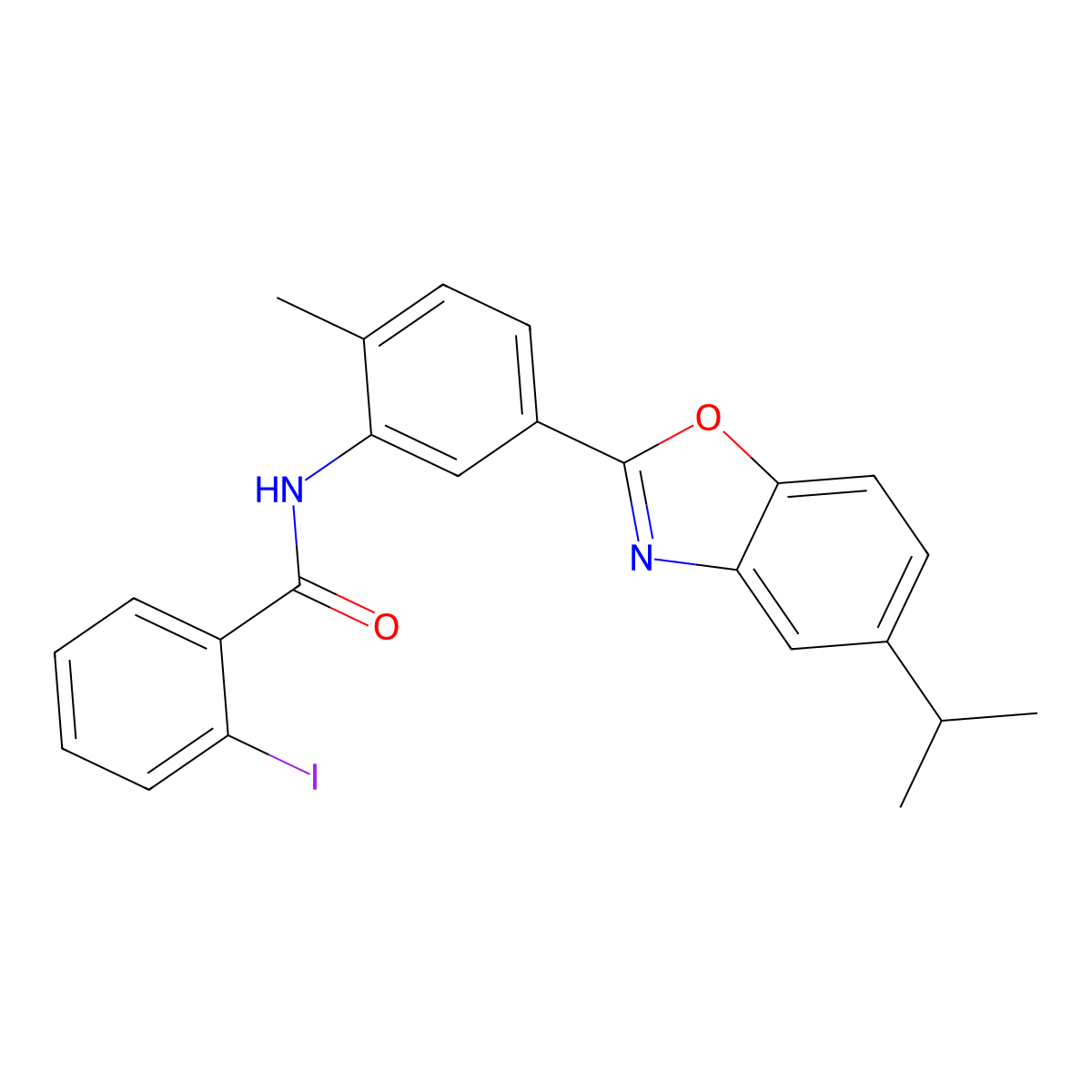 2-iodo-N-{2-methyl-5-[5-(propan-2-yl)-1,3-benzoxazol-2-yl]phenyl}benzamide molecular structure, CAS 431928-46-0