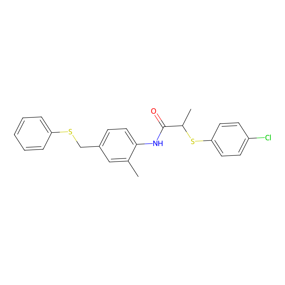 2-(4-chlorophenyl)sulfanyl-N-[2-methyl-4-(phenylsulfanylmethyl)phenyl]propanamide molecular structure, CAS 431931-26-9