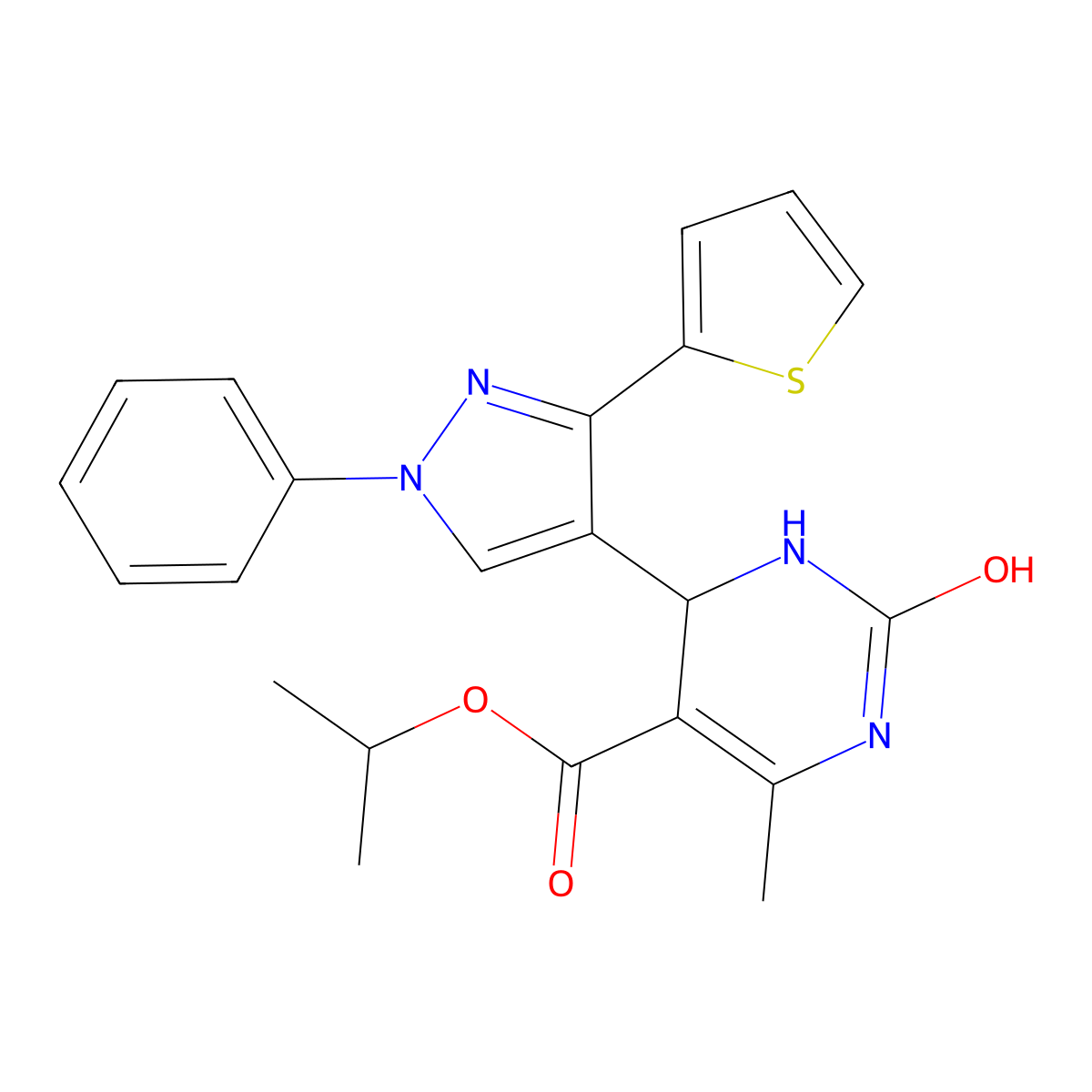 propan-2-yl 2-hydroxy-4-methyl-6-[1-phenyl-3-(thiophen-2-yl)-1H-pyrazol-4-yl]-1,6-dihydropyrimidine-5-carboxylate molecular structure, CAS 431931-53-2
