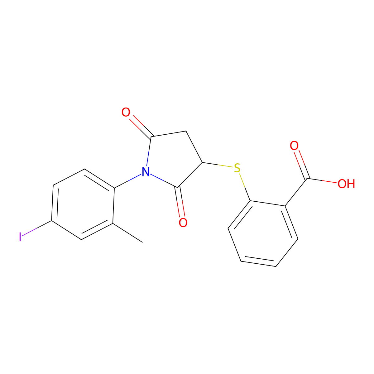 2-{[1-(4-Iodo-2-methylphenyl)-2,5-dioxopyrrolidin-3-yl]sulfanyl}benzoic acid molecular structure, CAS 431933-50-5