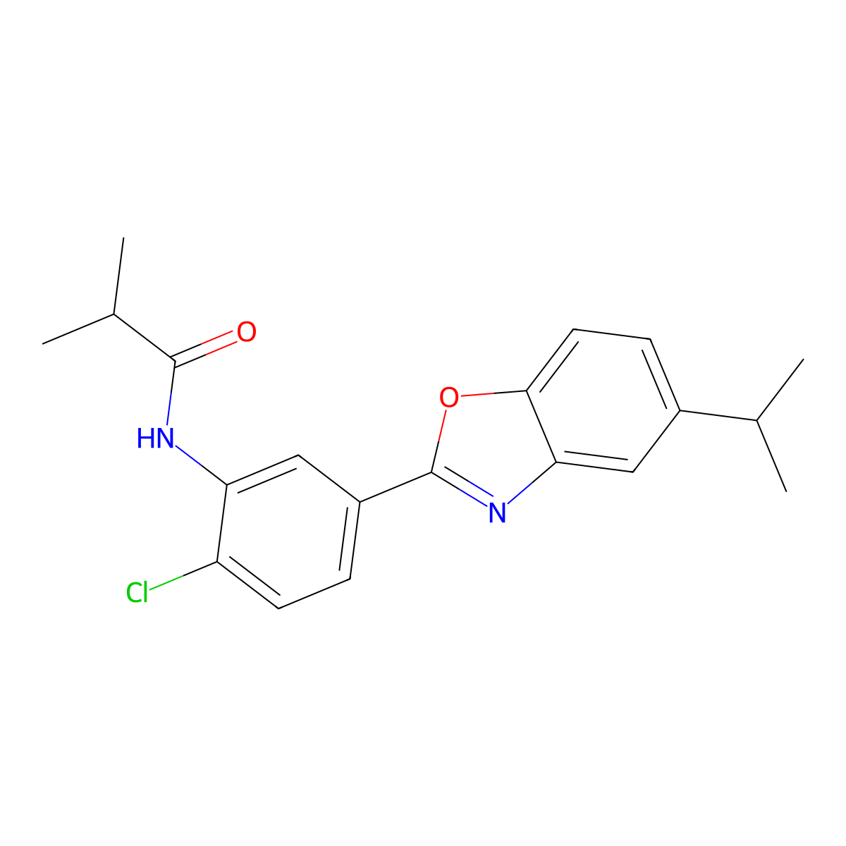 N-{2-chloro-5-[5-(propan-2-yl)-1,3-benzoxazol-2-yl]phenyl}-2-methylpropanamide molecular structure, CAS 431934-68-8