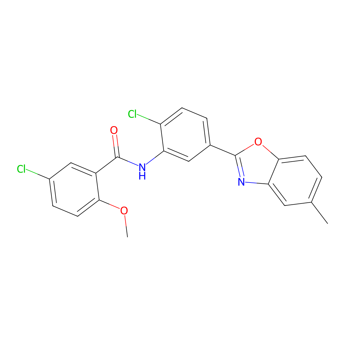 5-chloro-N-[2-chloro-5-(5-methyl-1,3-benzoxazol-2-yl)phenyl]-2-methoxybenzamide molecular structure, CAS 431938-25-9