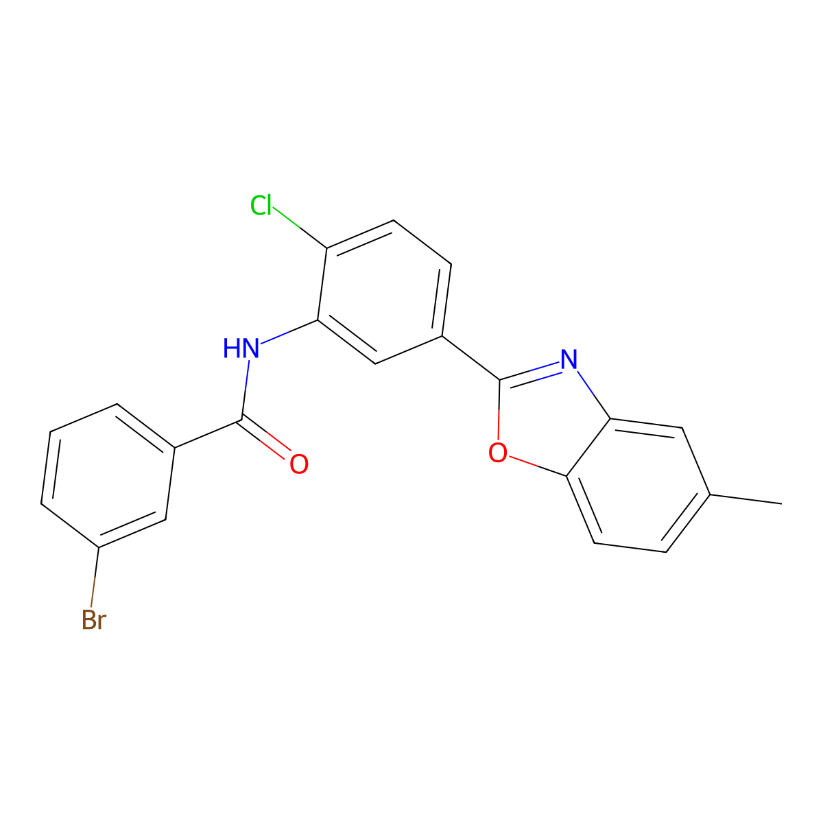 3-bromo-N-[2-chloro-5-(5-methyl-1,3-benzoxazol-2-yl)phenyl]benzamide molecular structure, CAS 431938-75-9