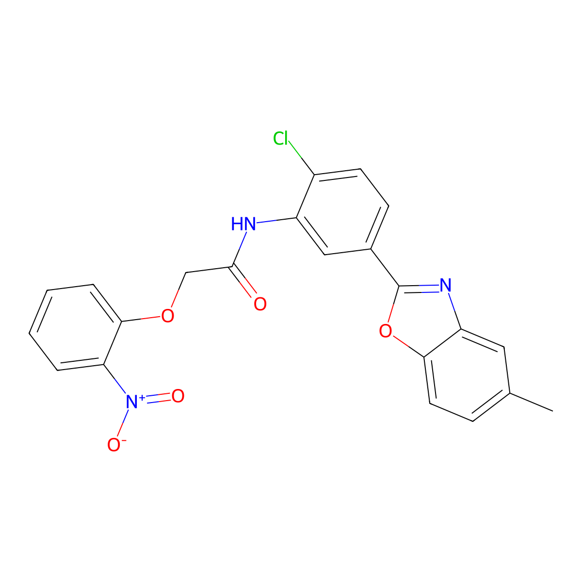 N-[2-chloro-5-(5-methyl-1,3-benzoxazol-2-yl)phenyl]-2-(2-nitrophenoxy)acetamide molecular structure, CAS 431940-05-5