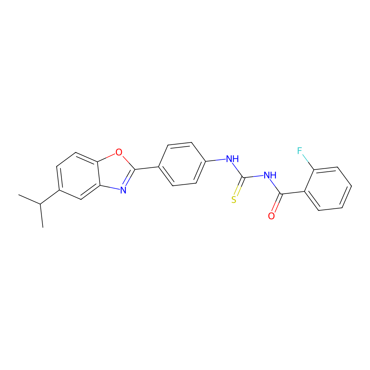 2-fluoro-N-[[4-(5-propan-2-yl-1,3-benzoxazol-2-yl)phenyl]carbamothioyl]benzamide molecular structure, CAS 431941-91-2