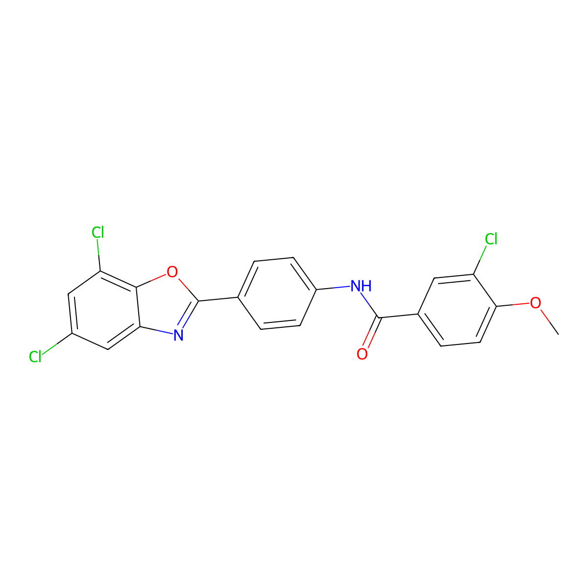 3-chloro-N-[4-(5,7-dichloro-1,3-benzoxazol-2-yl)phenyl]-4-methoxybenzamide molecular structure, CAS 431976-83-9