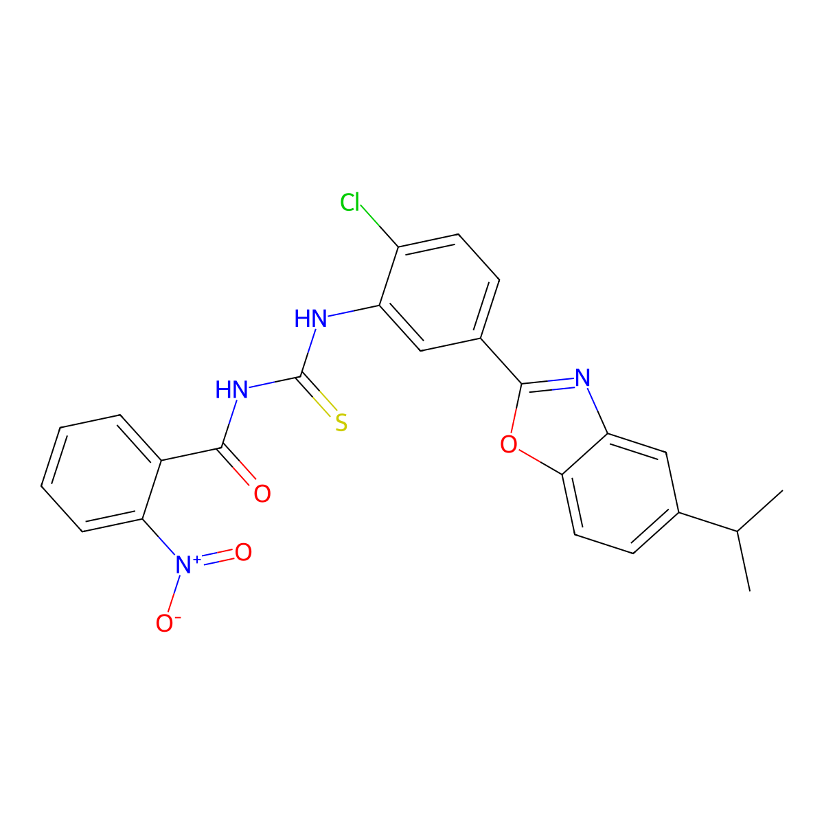 N-[[2-chloro-5-(5-propan-2-yl-1,3-benzoxazol-2-yl)phenyl]carbamothioyl]-2-nitrobenzamide molecular structure, CAS 431977-17-2