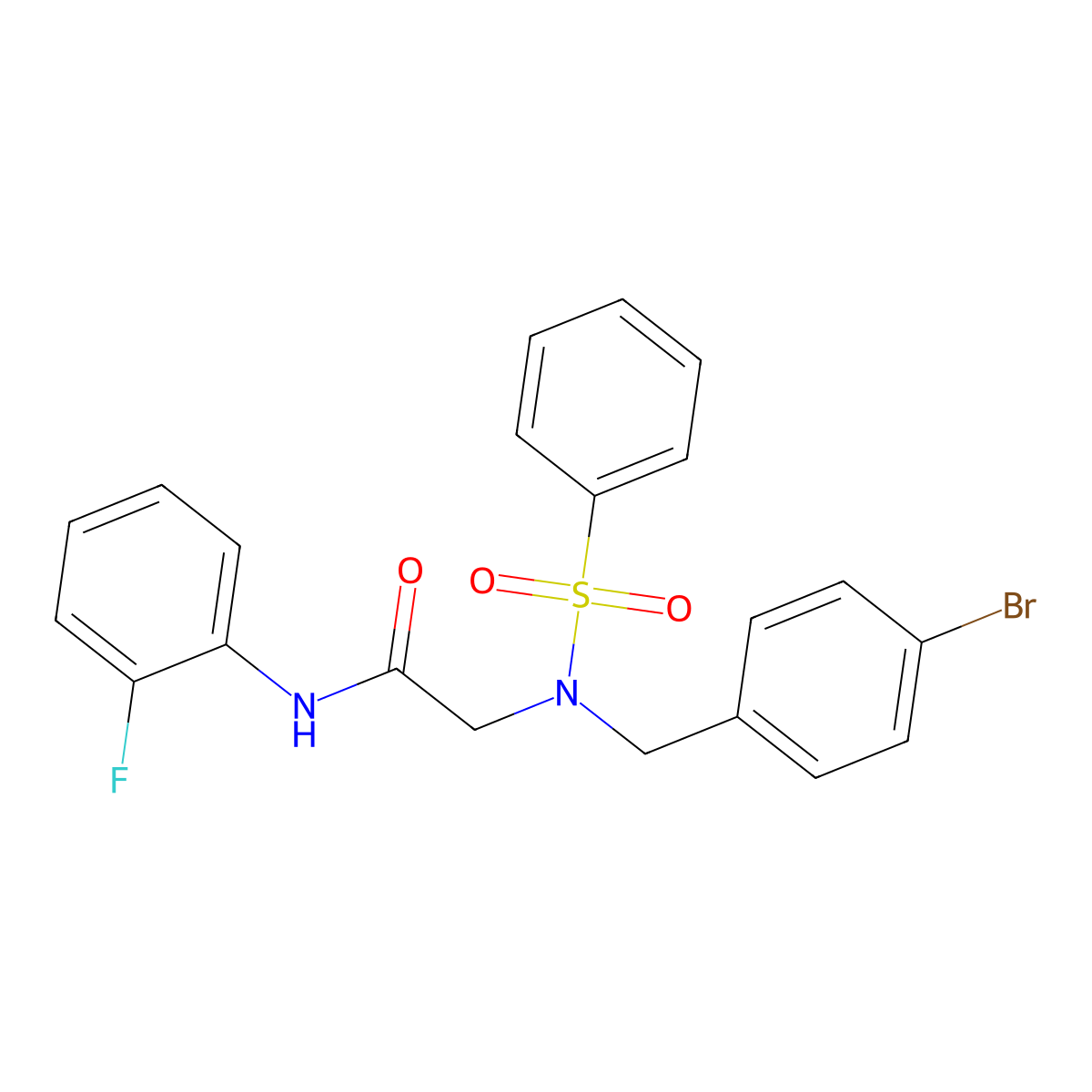 2-[benzenesulfonyl-[(4-bromophenyl)methyl]amino]-N-(2-fluorophenyl)acetamide molecular structure, CAS 431979-70-3