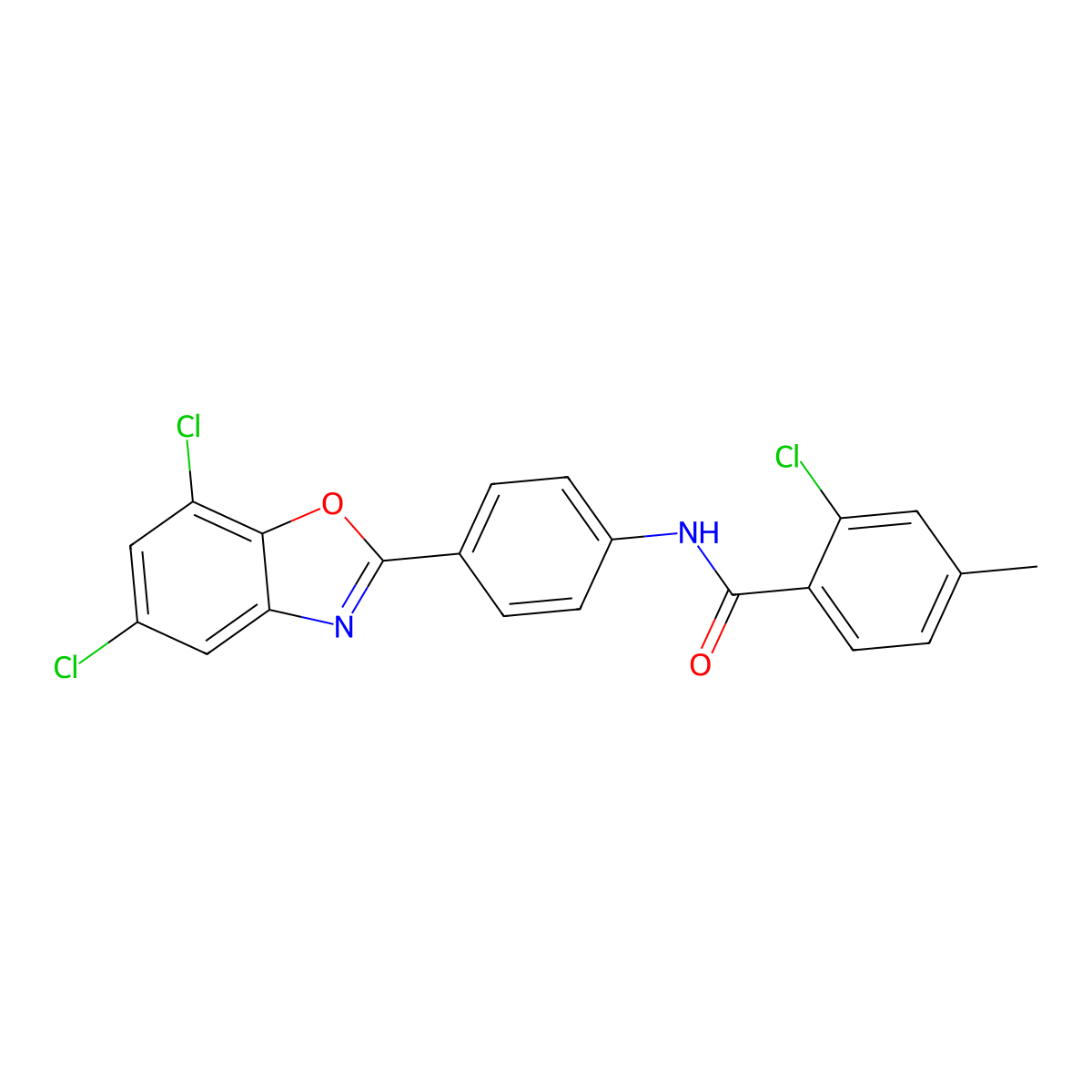 2-chloro-N-[4-(5,7-dichloro-1,3-benzoxazol-2-yl)phenyl]-4-methylbenzamide molecular structure, CAS 431980-87-9