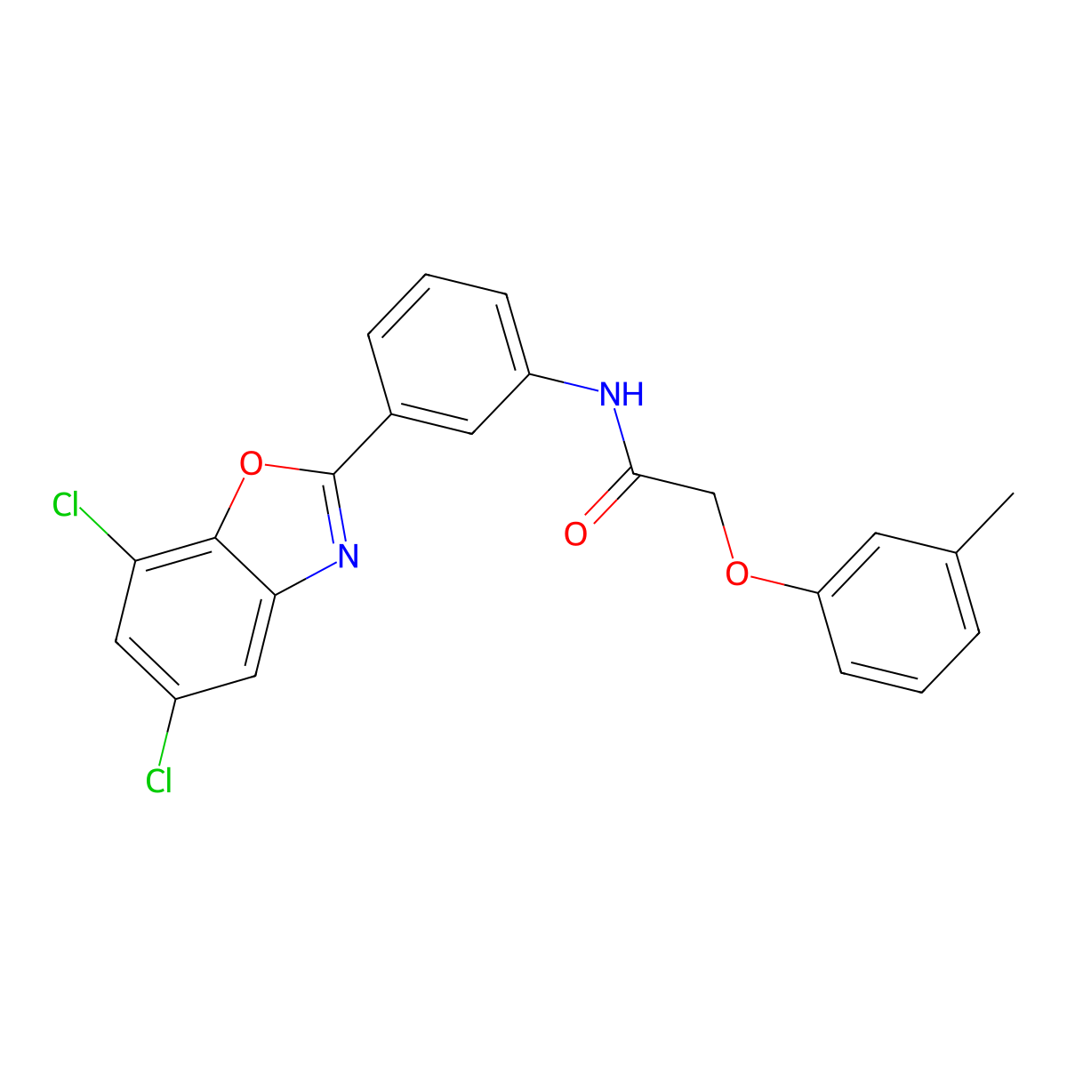 N-[3-(5,7-dichloro-1,3-benzoxazol-2-yl)phenyl]-2-(3-methylphenoxy)acetamide molecular structure, CAS 431981-07-6