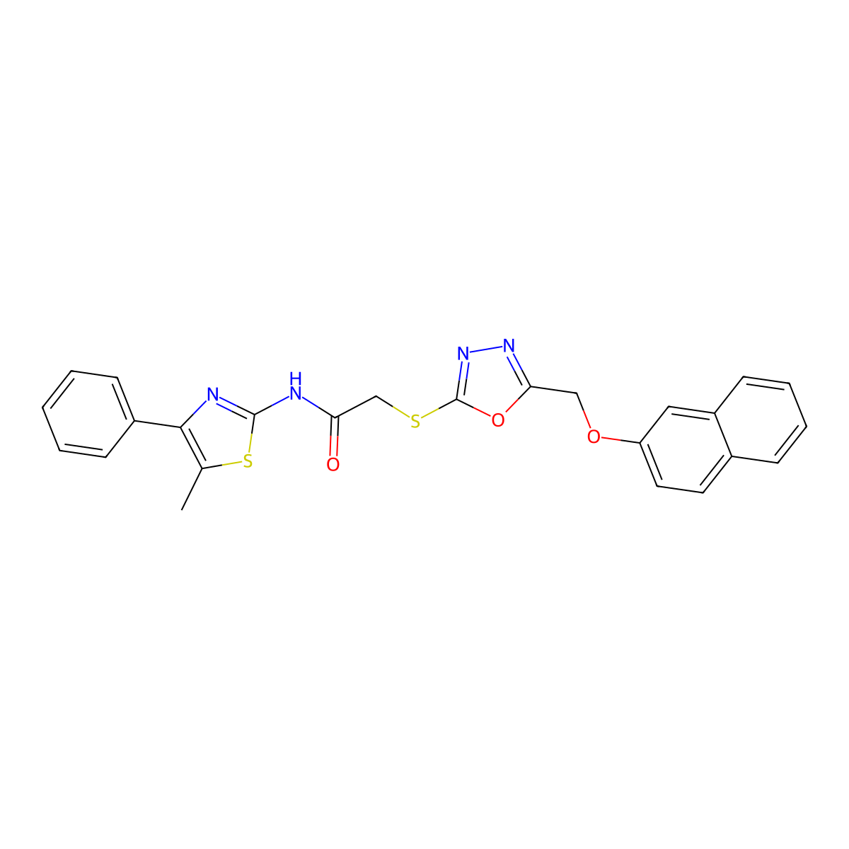 N-(5-methyl-4-phenyl-1,3-thiazol-2-yl)-2-[[5-(naphthalen-2-yloxymethyl)-1,3,4-oxadiazol-2-yl]sulfanyl]acetamide molecular structure, CAS 431981-19-0